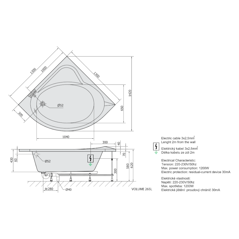 SIRIUS hydromasážní vana, 130x130x43cm, Attraction Hydro-Air, chrom 49111.4010