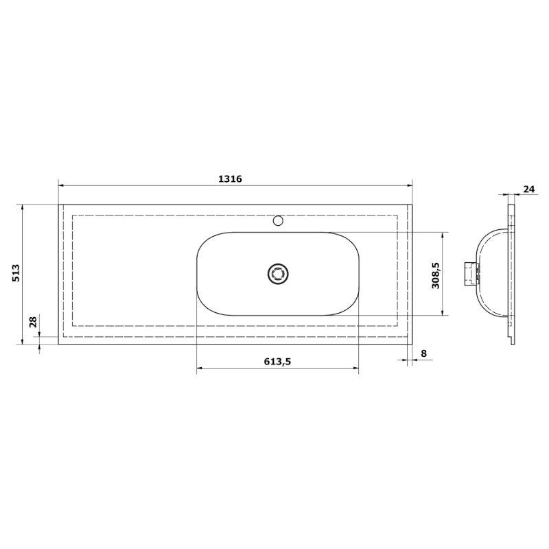 TREOS umyvadlo 131,6x51,3 cm (20+110), rockstone, pravé, bílá mat TS132-0101-R