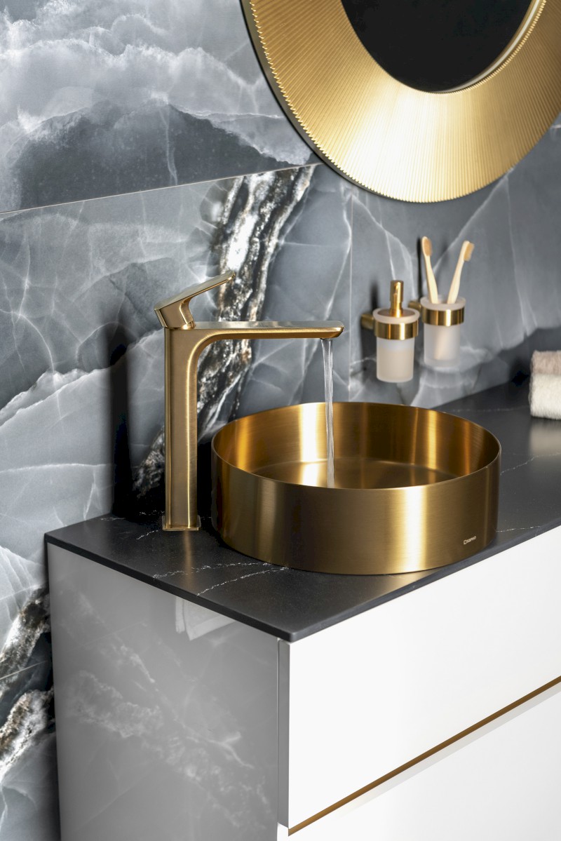 SPY stojánková umyvadlová baterie vysoká, prodloužená hubice, zlato mat PY07/19