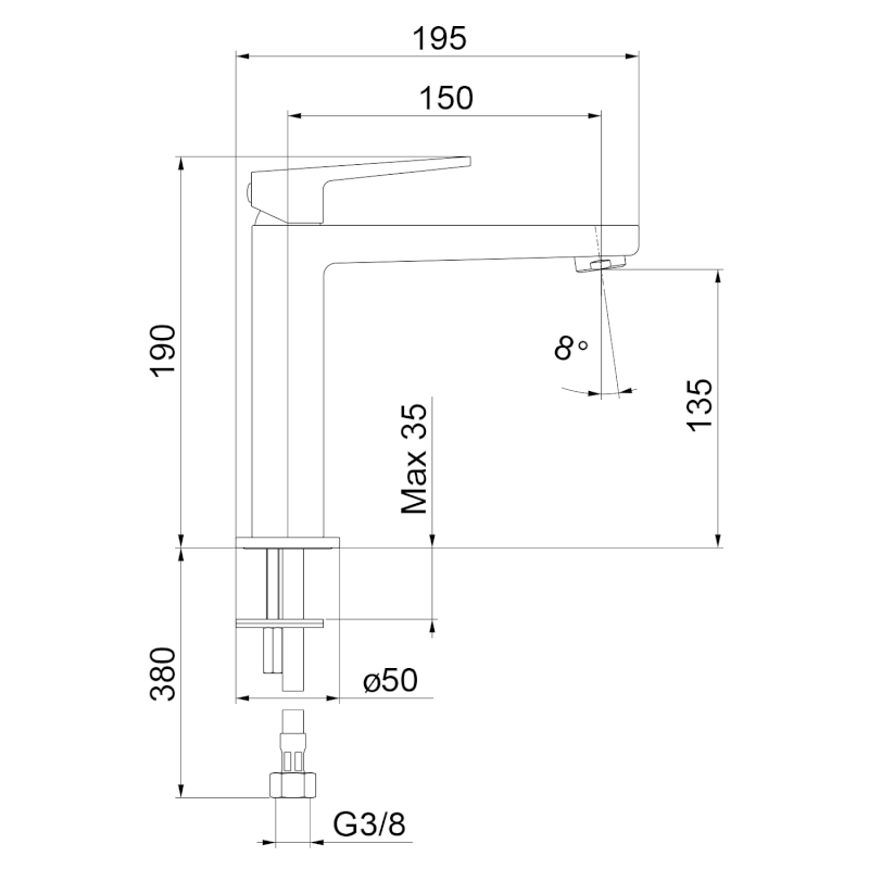 TURSI stojánková umyvadlová baterie, výška 190mm, chrom TI004
