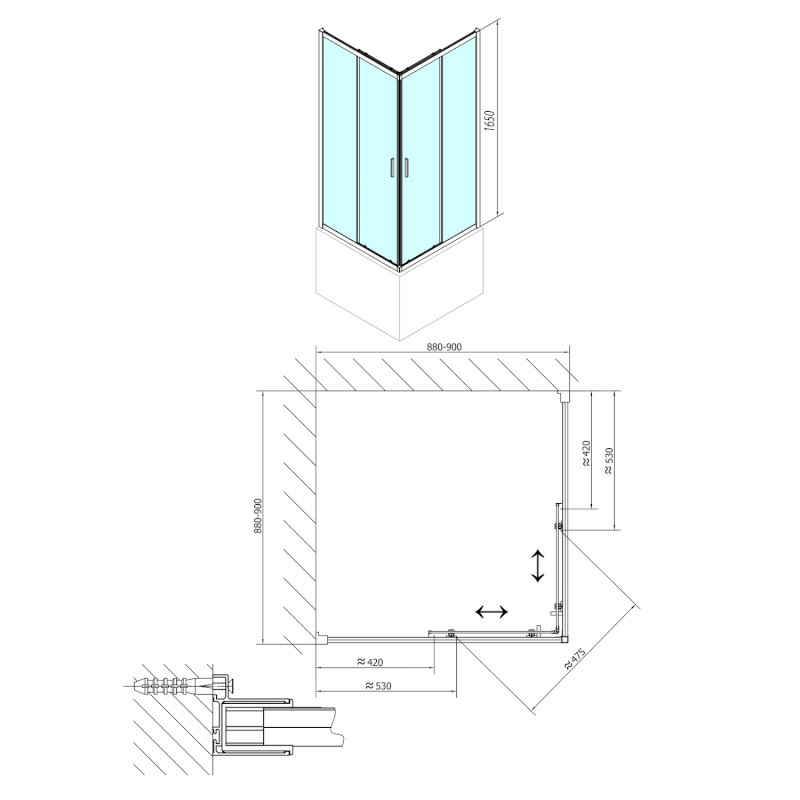 CARMEN čtvercová sprchová zástěna 900x900x1650mm, čiré sklo MD5116