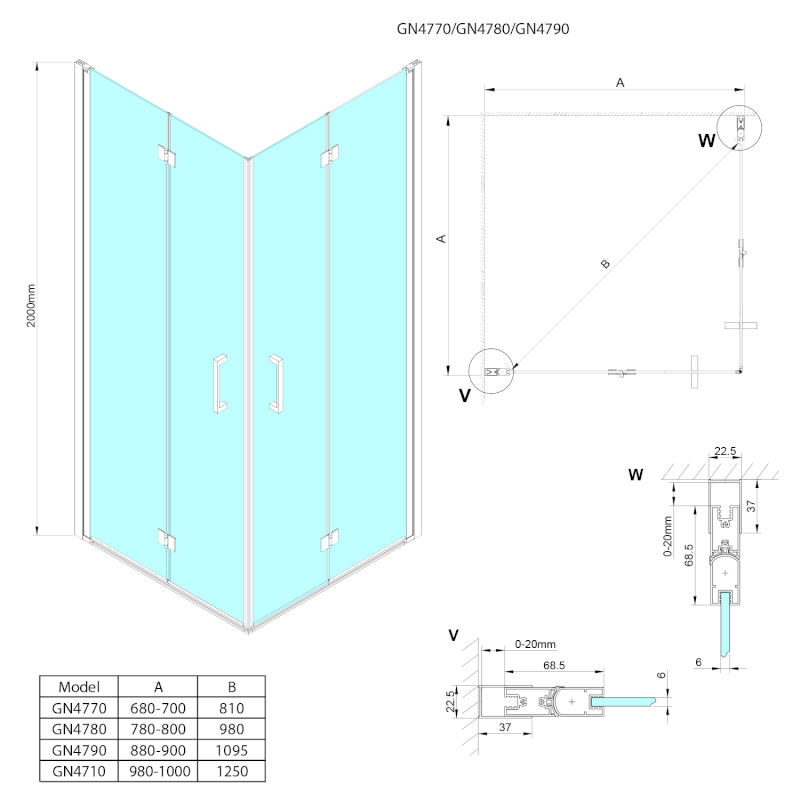 LORO sprchové dveře skládací pro rohový vstup 1000mm, čiré sklo GN4710