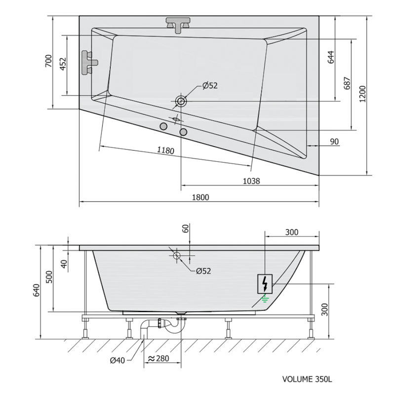 TRIANGL R hydromasážní vana, 180x120x50cm, Highline Hydro, chrom 20611.5010