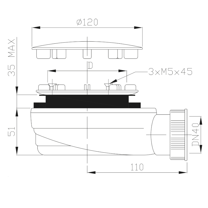 Vaničkový sifon, průměr 90mm, DN40, extra nízký, krytka nerez lesk 1722C