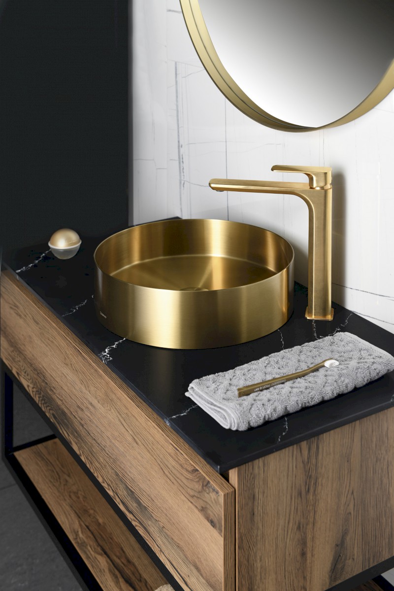 SPY stojánková umyvadlová baterie vysoká, prodloužená hubice, zlato mat PY07/19