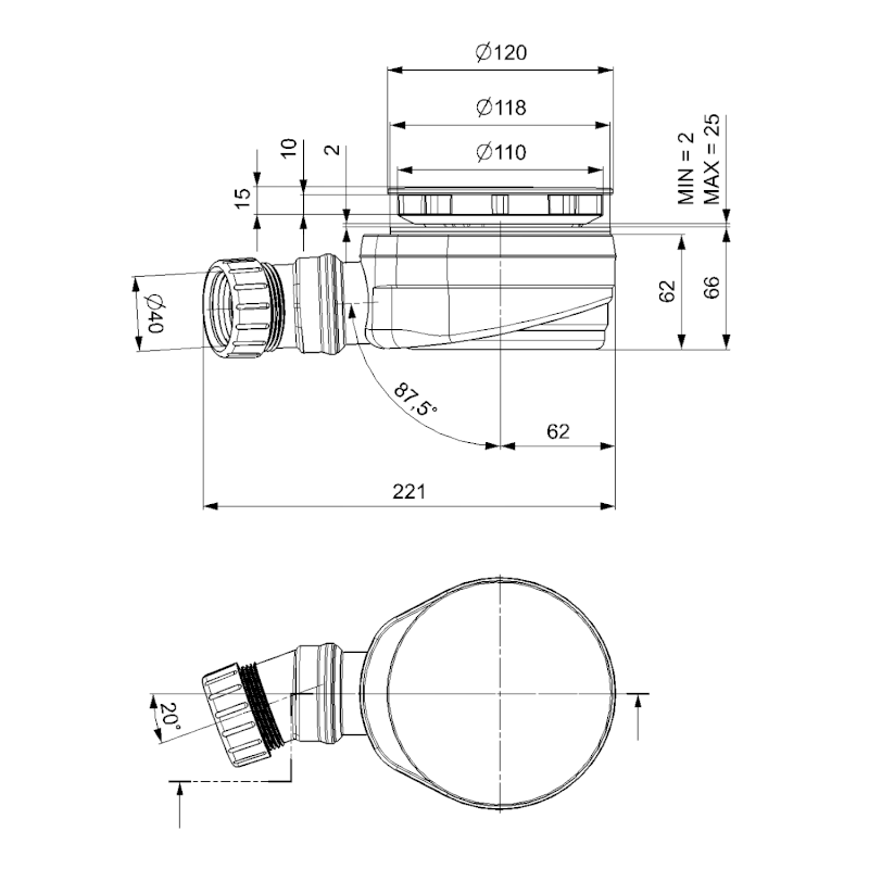 Vaničkový sifon, průměr 90mm, DN40, nízký, krytka zlato mat    17916GB