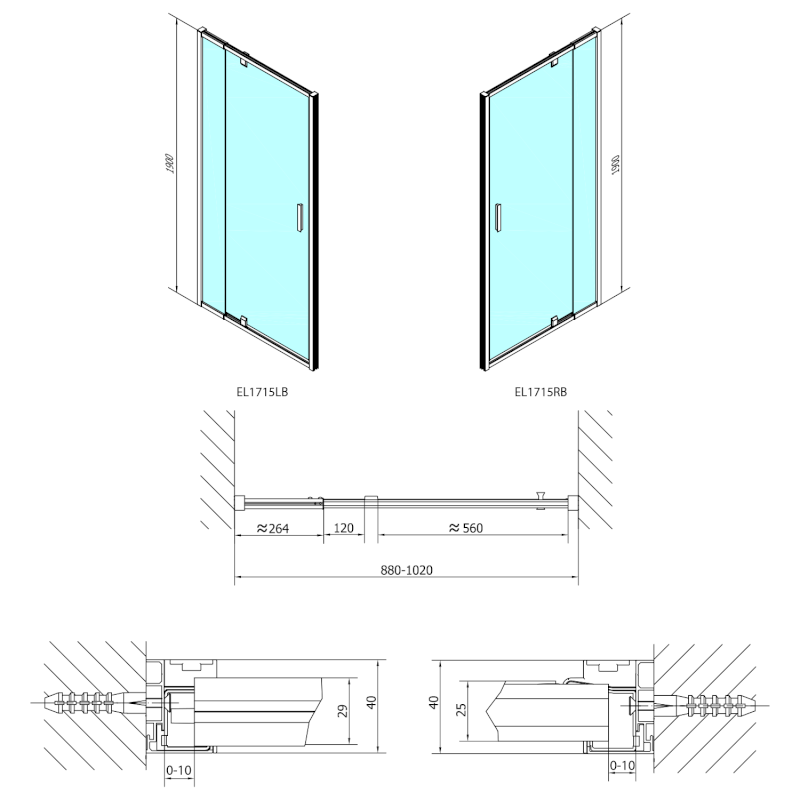 EASY BLACK sprchové dveře otočné 880-1020mm, čiré sklo EL1715B