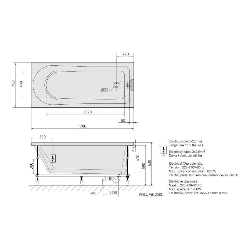 LISA hydromasážní vana, 170x70x47cm, Active Hydro, chrom 87111.1010