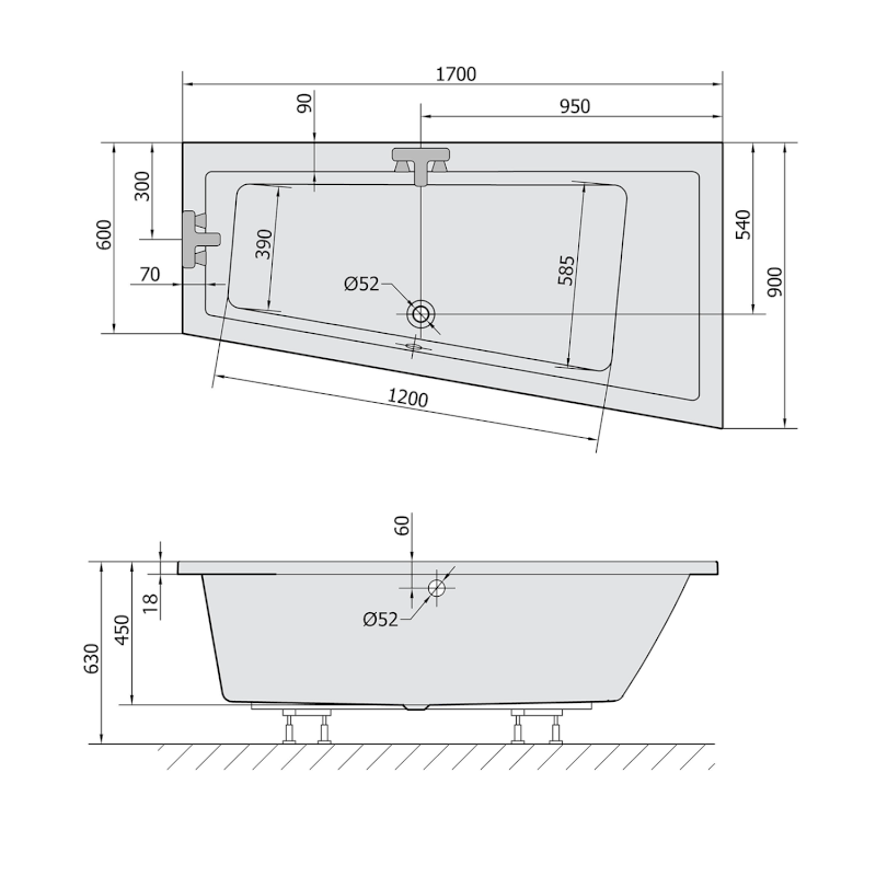 ANDRA R SLIM asymetrická vana 170x90x45cm, bílá 81511S