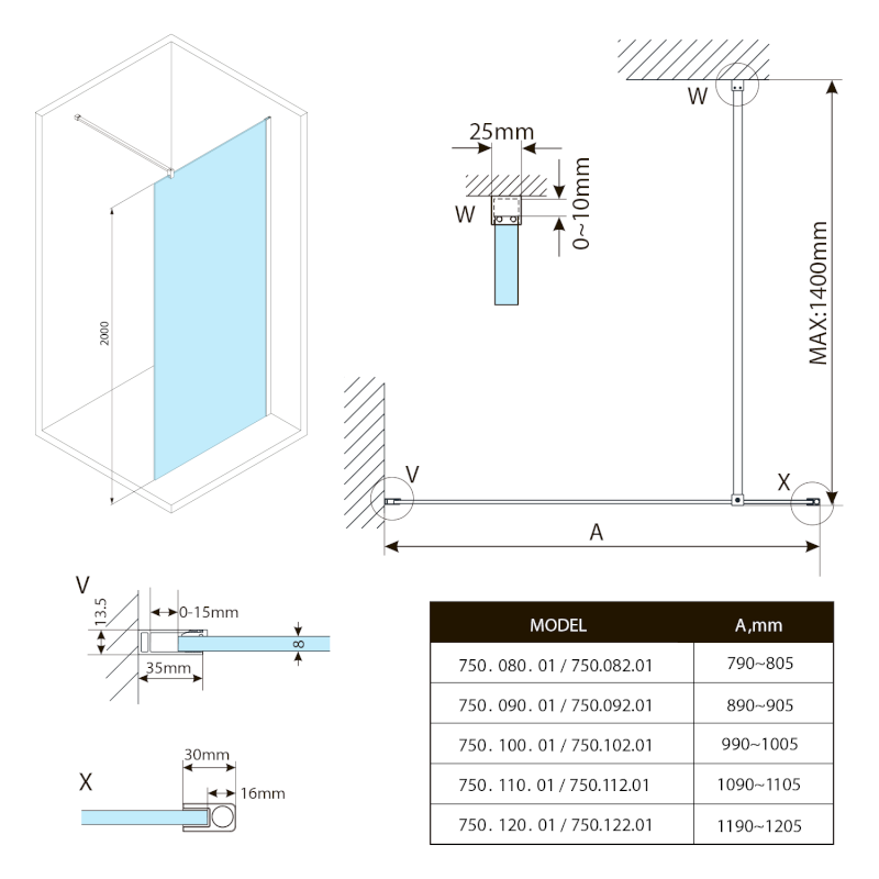 SPITZA sprchová zástěna WALK-IN, 800mm, čiré sklo 750.080.1