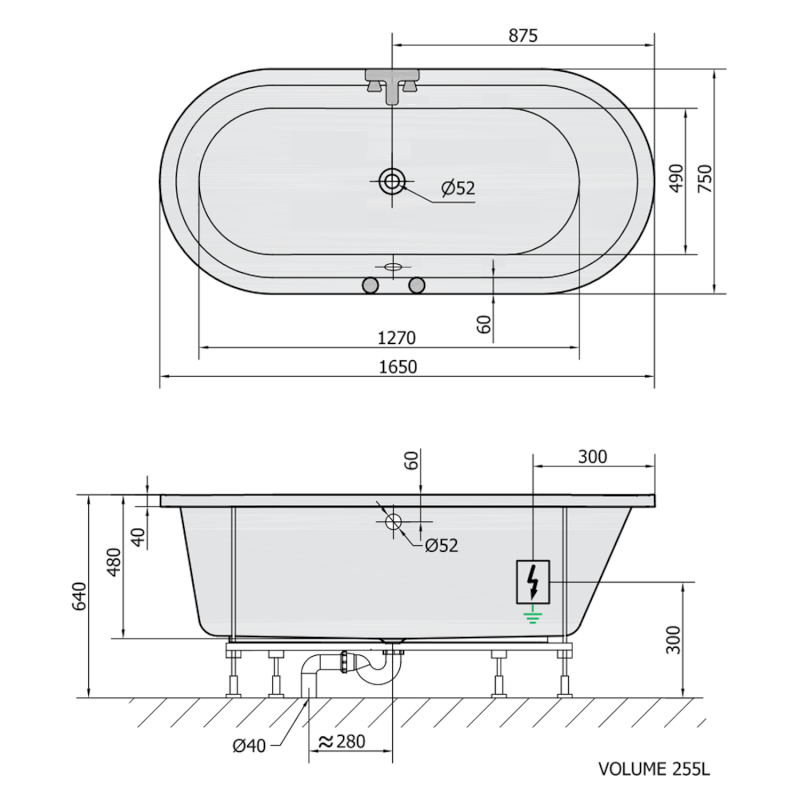ASTRA O hydromasážní vana, 165x75x48cm, Active Hydro, chrom 35611.1010