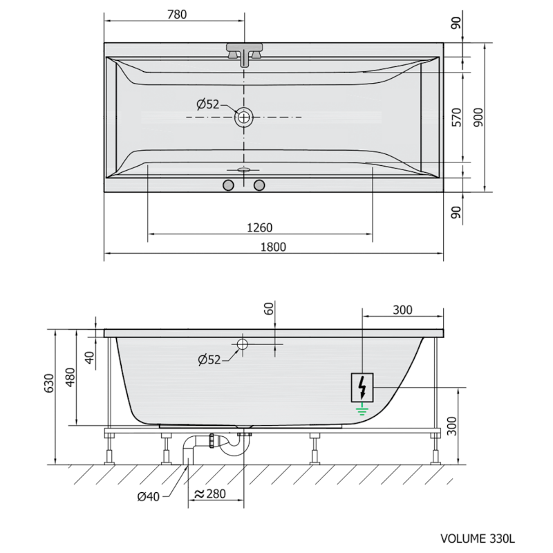 CLEO hydromasážní vana, 180x90x48cm, Attraction Hydro, chrom 13111.3010