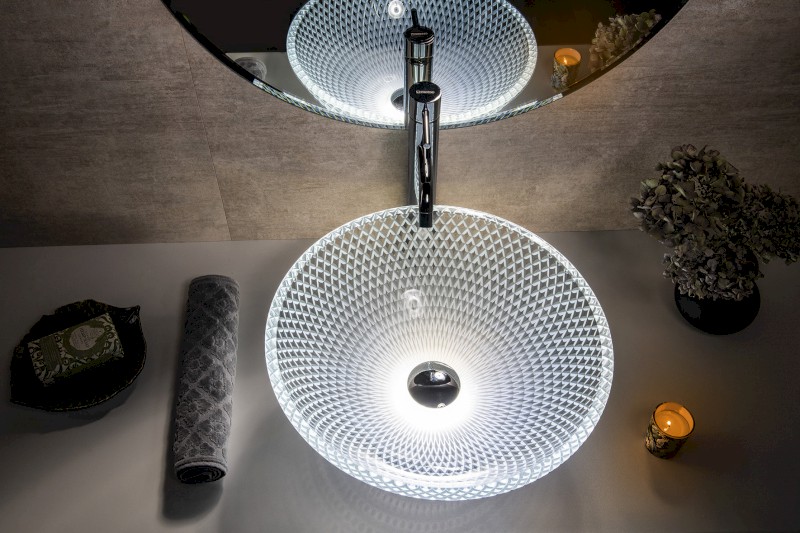 PUKETA skleněné gravírované umyvadlo na desku Ø 42cm, čirá TY165