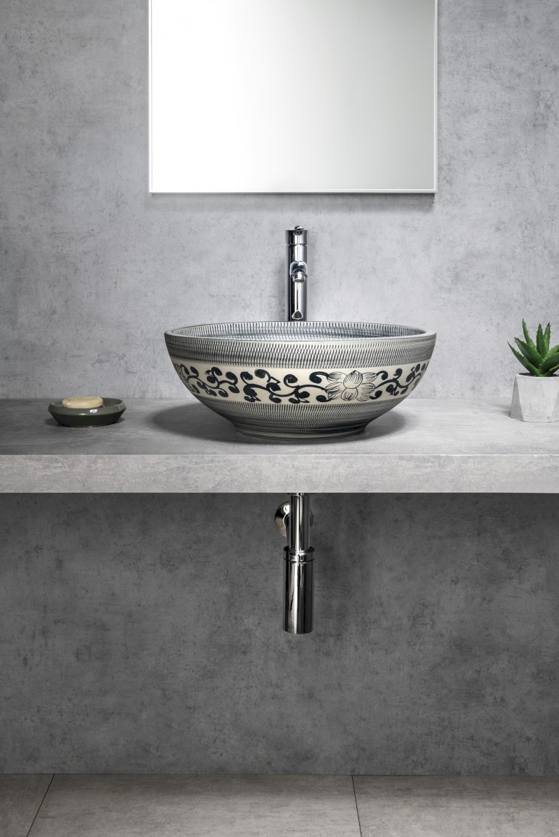 PRIORI keramické umyvadlo na desku, Ø 41 cm, modrá se vzorem PI036