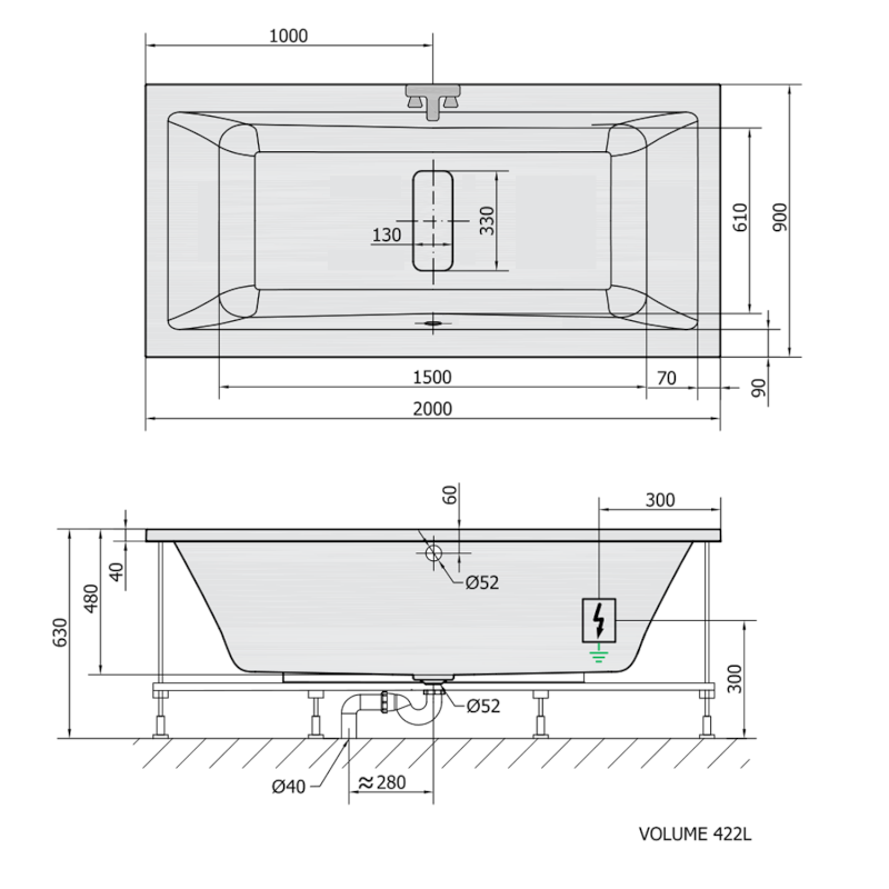 MARLENE hydromasážní vana, 200x90x48cm, Attraction Hydro-Air, chrom 78731.4010