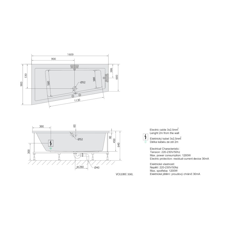 ANDRA L hydromasážní vana, 160x90x45cm, Active Hydro, chrom 81521.1010