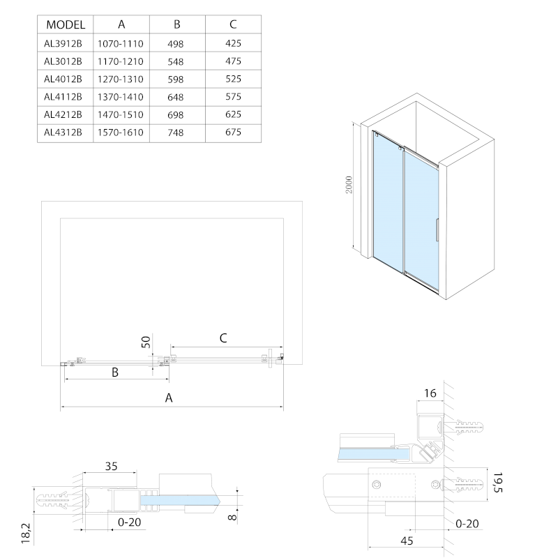 ALTIS BLACK posuvné dveře 1170-1210mm, výška 2000mm, čiré sklo AL3012B