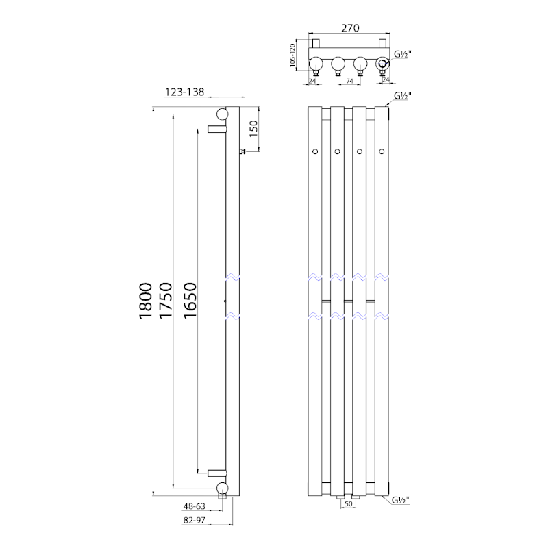 PILON otopné těleso 270x1800mm, se čtyřmi háčky pro ručník, černá mat IZ122T