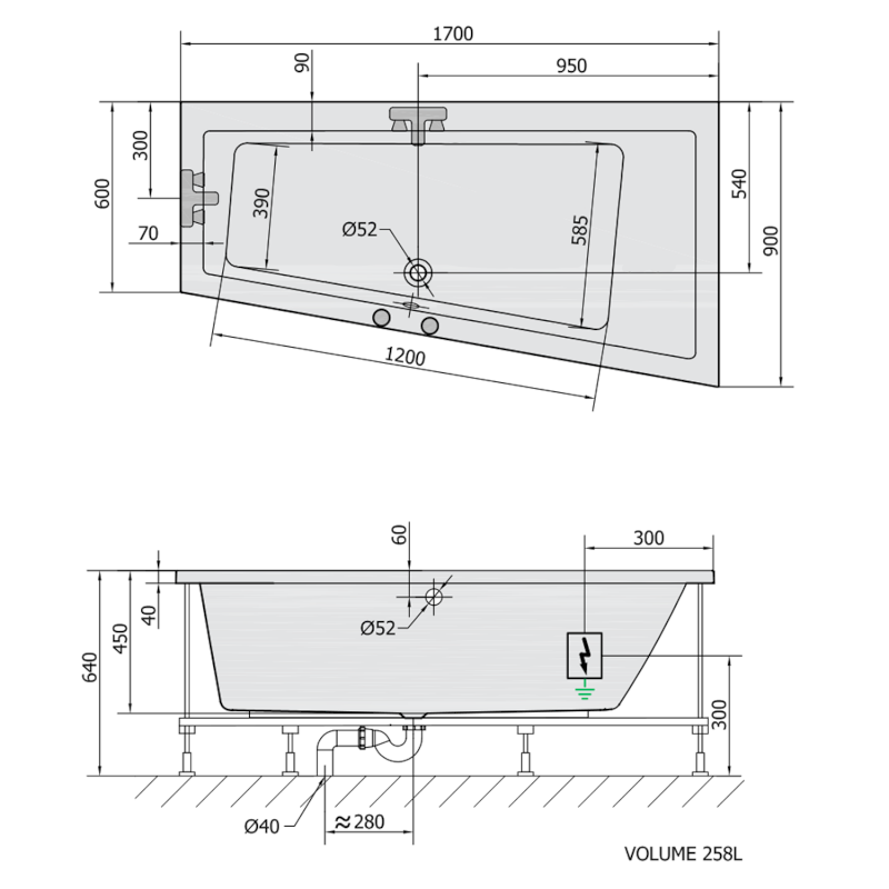 ANDRA R hydromasážní vana, 170x90x45cm, Highline Hydro-Air, chrom 81511.6010