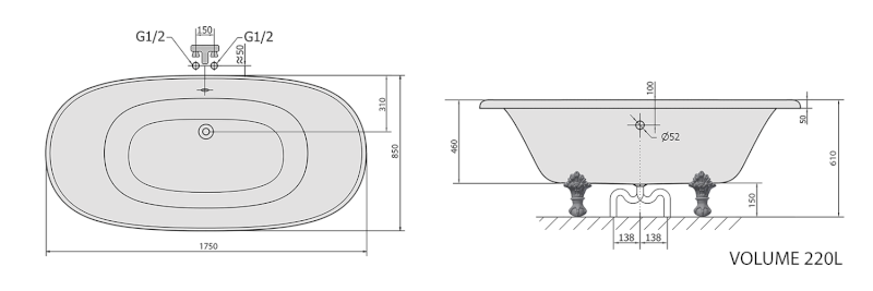 REGATA volně stojící vana 175x85x61cm, nohy bílé, černá/bílá 10261