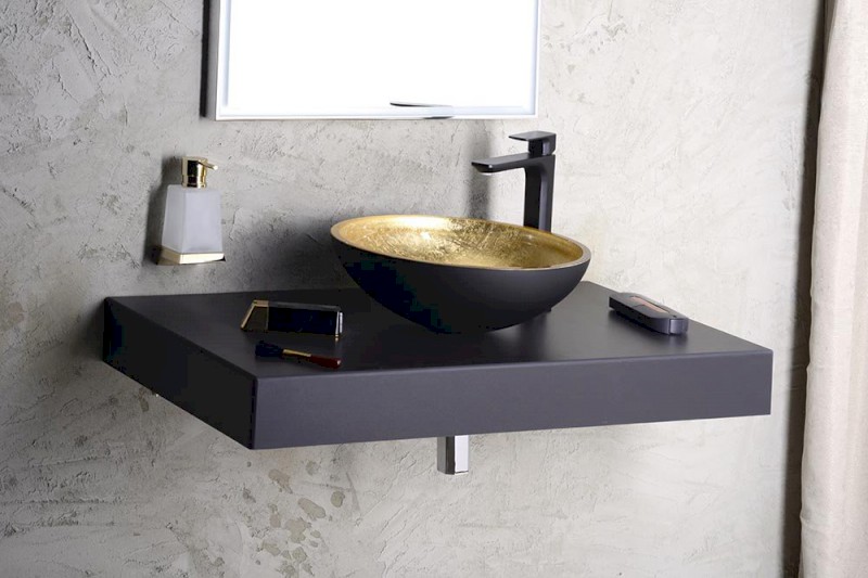 MURANO BLACK-GOLD skleněné umyvadlo na desku, průměr 40cm, černá/zlatá AL5318-77