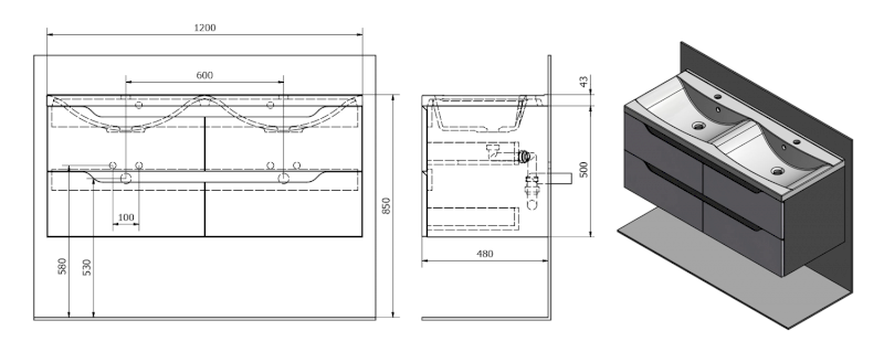 WAVE dvojumyvadlová skříňka 119,7x50x47,8cm, bílá/dub cuneo WA120-3025