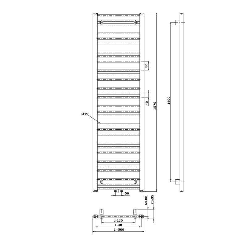 ALBRECHT otopné těleso 500x1570 mm, středové připojení, černá mat 600.115.6
