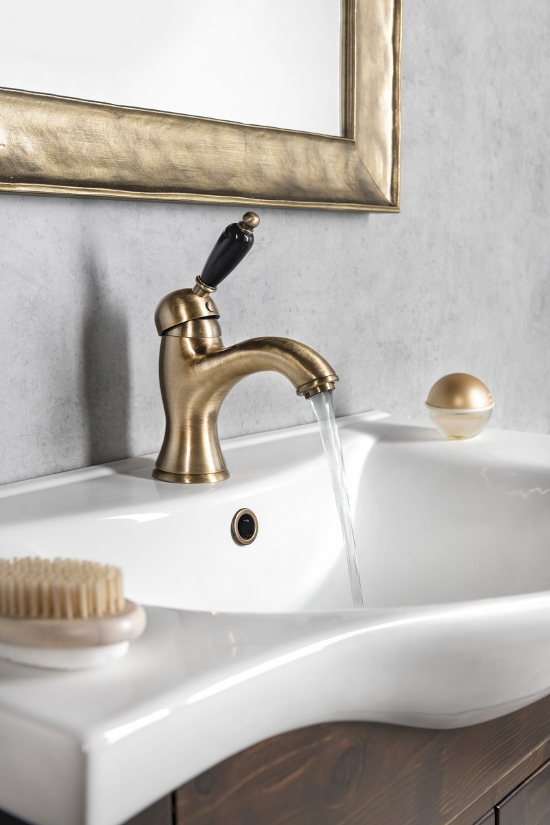 KIRKÉ BLACK stojánková umyvadlová baterie s výpustí, černá páčka, bronz KI02NB