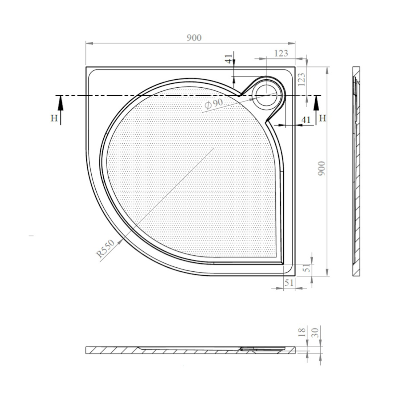 ARCA sprchová vanička z litého mramoru, čtvrtkruh 90x90cm, R550, bílá PA559