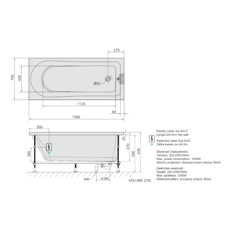 LISA hydromasážní vana, 150x70x47cm, Active Hydro, chrom 85111.1010