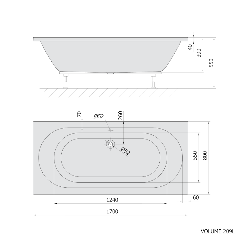 LEVANA obdélníková vana 170x80x39cm, šedá 71745.30