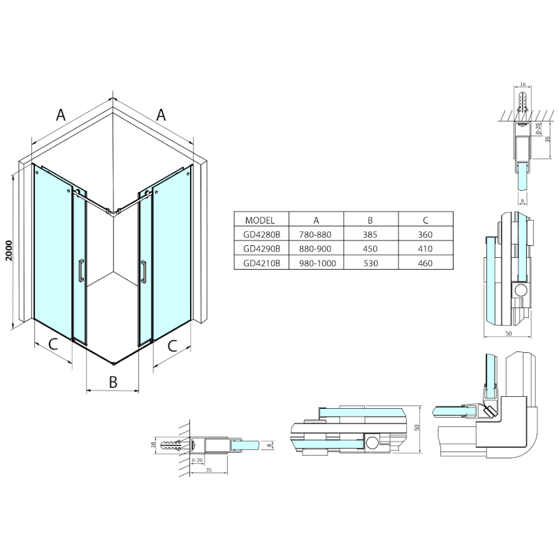 DRAGON BLACK sprchové posuvné dveře rohový vstup 900mm, čiré sklo GD4290B