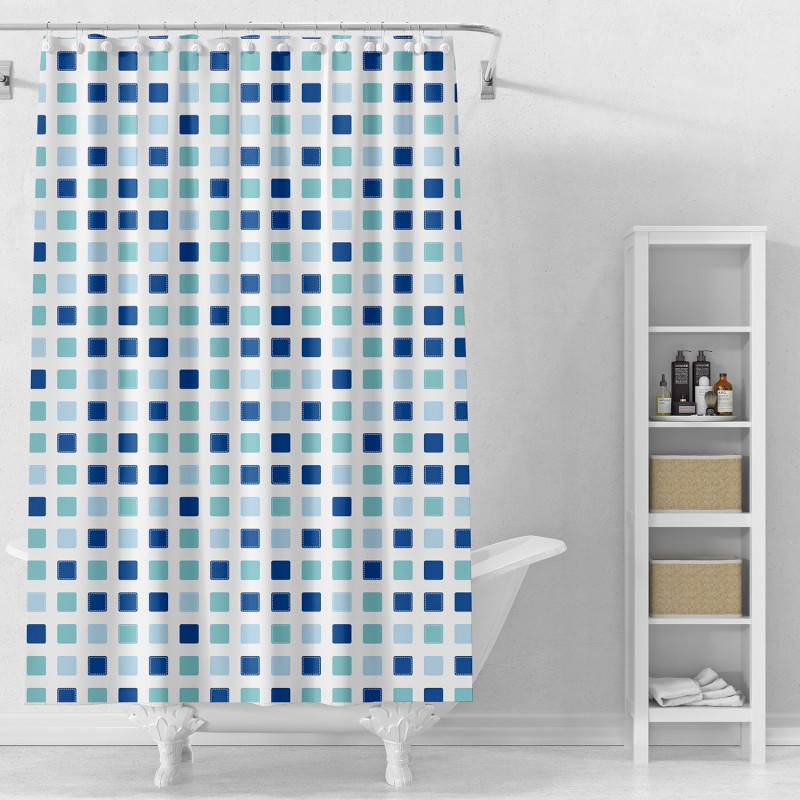 Sprchový závěs 180x180cm, vinyl, bílá, modré kostky ZV036