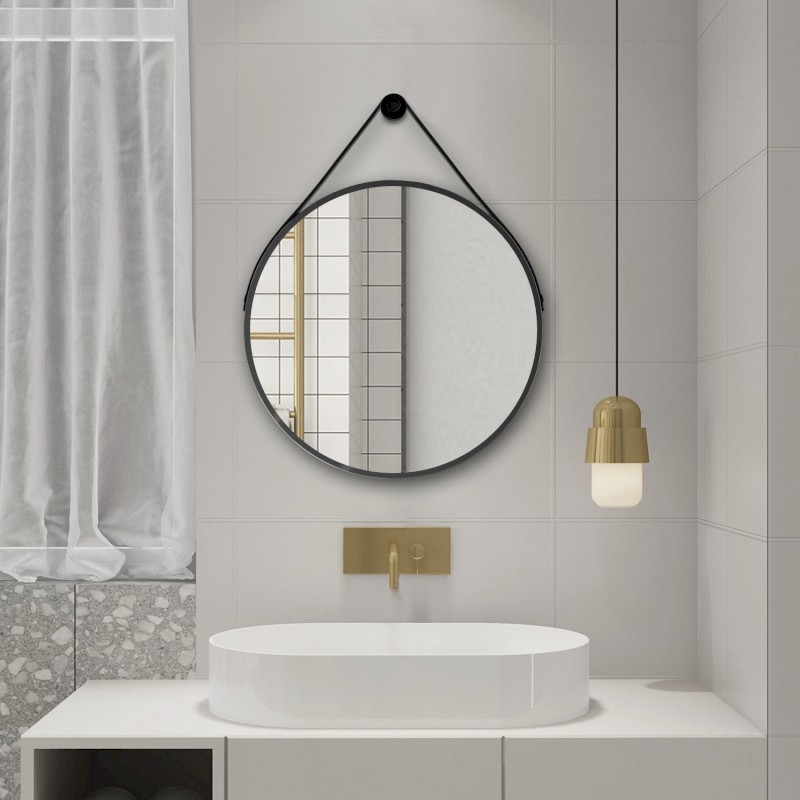 STAGO kulaté zrcadlo ø 60cm, kožený pásek, černá mat SG065