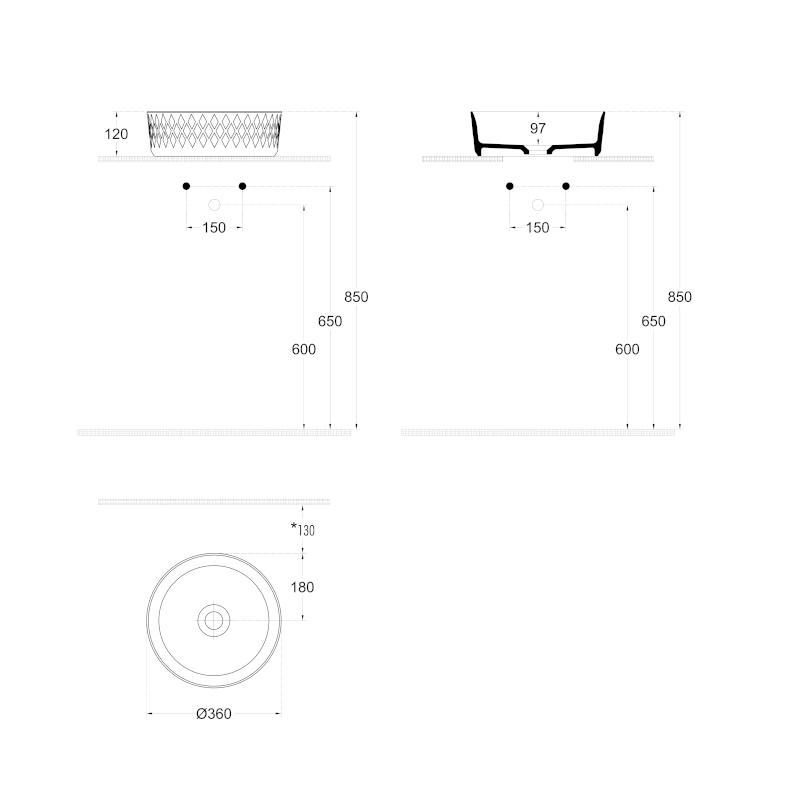 ROMBO keramické umyvadlo na desku, průměr 36cm, bílá 10NF67036
