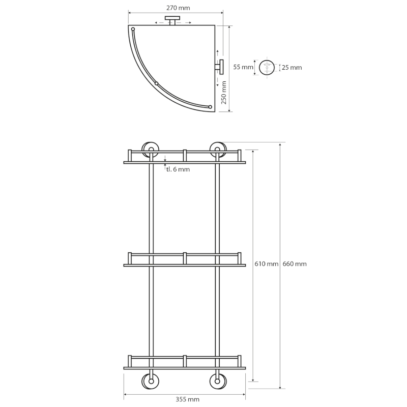 X-ROUND E skl. polička roh. trojitá s hrazdou, 270x660x355mm, chrom XR606
