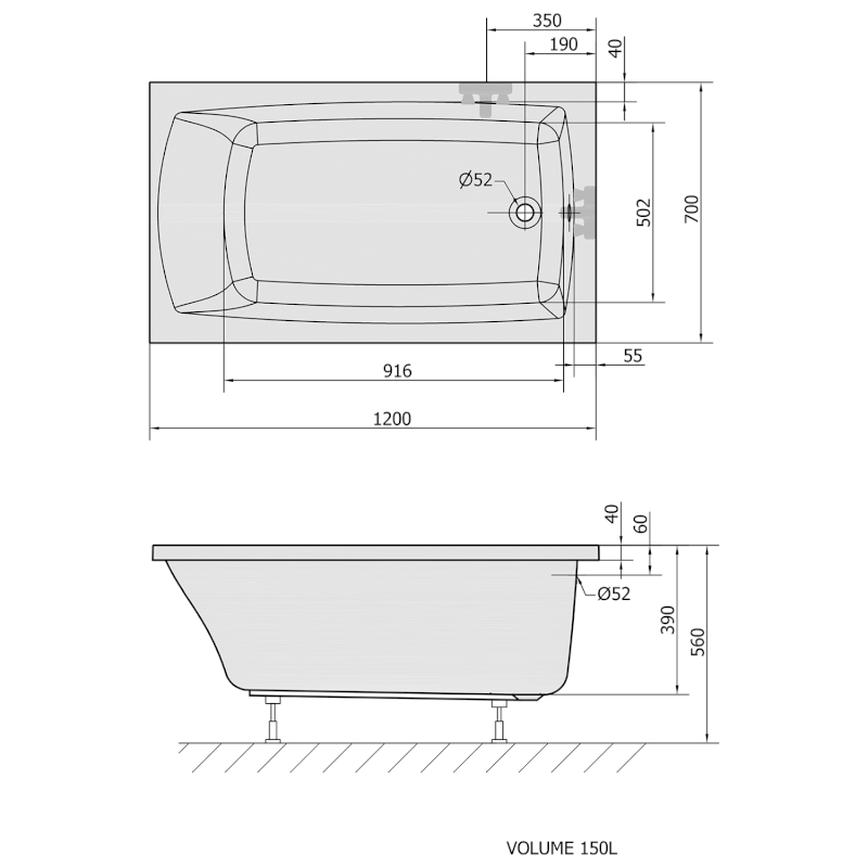 LILY obdélníková vana 120x70x39cm, bílá 25111