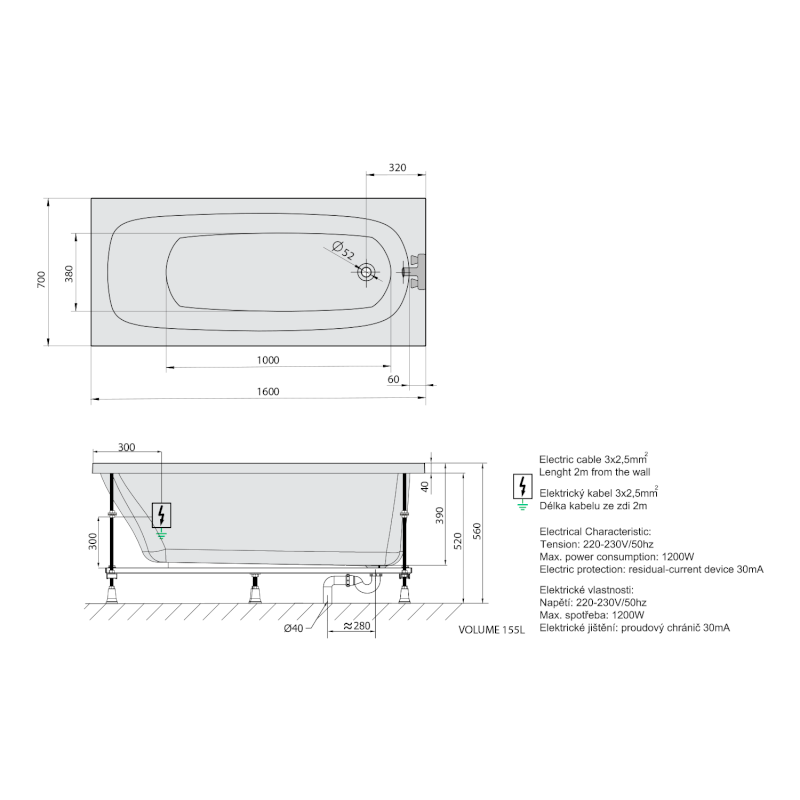 LAURA hydromasážní vana, 160x70x39cm, Attraction Hydro, chrom 24611.3010