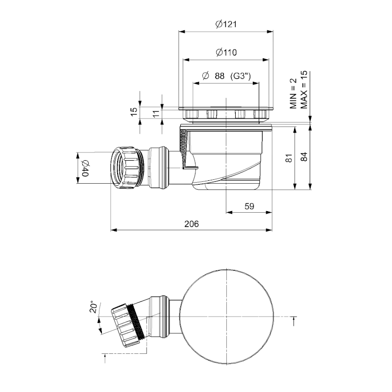 Vaničkový sifon, průměr 90mm, DN40, krytka černá mat 17911B