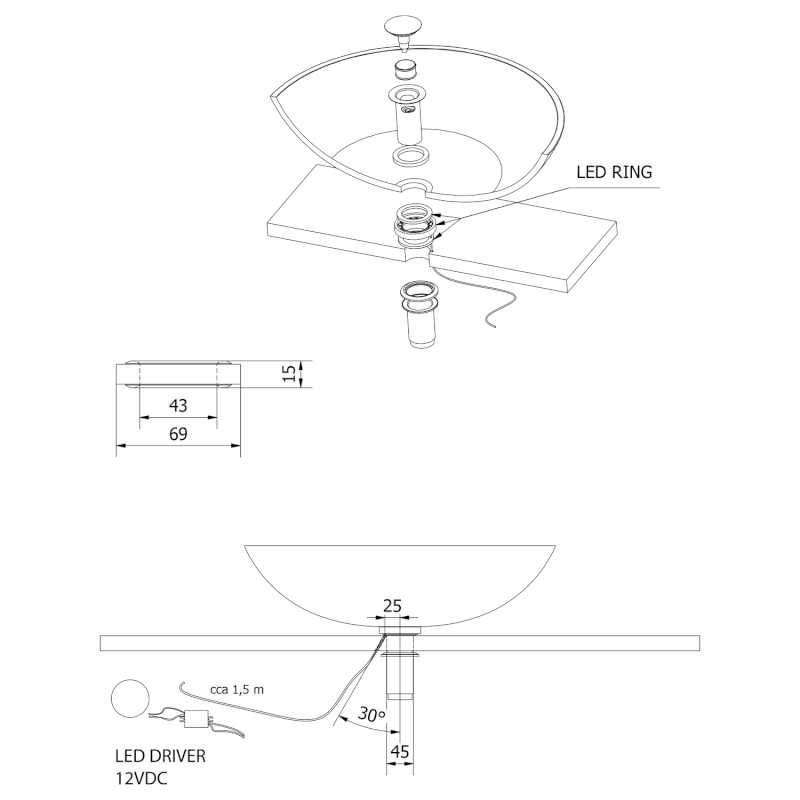 LEDRING osvětlení pod skleněné umyvadlo 12V, 1,2W, 5000-5500K WP94051LED