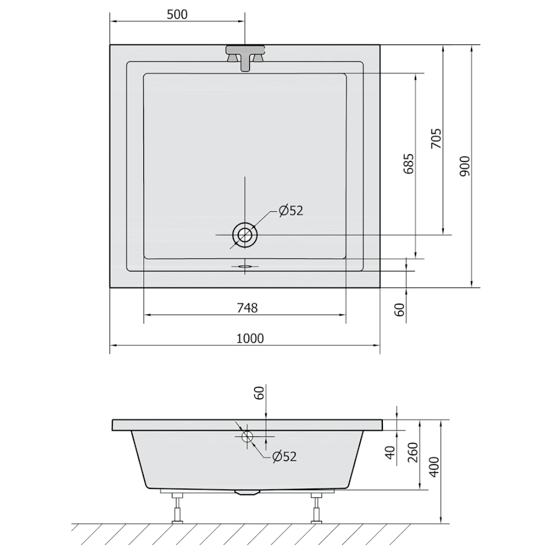 DEEP hluboká sprchová vanička s konstrukcí, obdélník 100x90x26cm, bílá 72349
