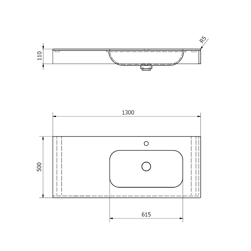 EMICO umyvadlo, Rockstone, 130x50cm, límec L, pravé, bílá mat EM130-B1R-L