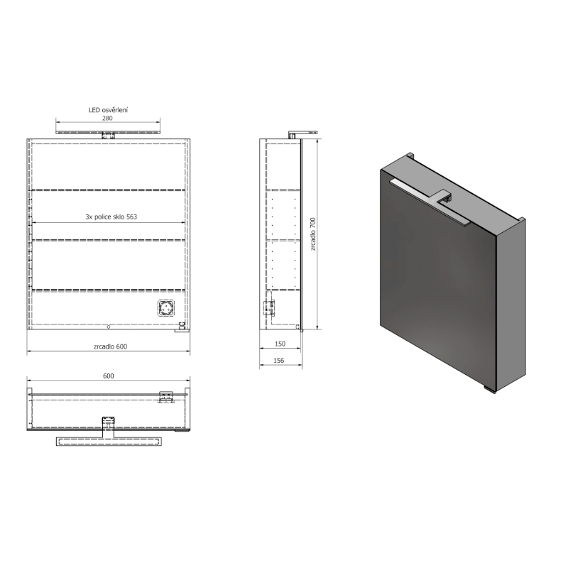 MIRRÓ galerka s LED osvětlením, 60x70x16cm, levá/pravá, borovice rustik MC060-0016
