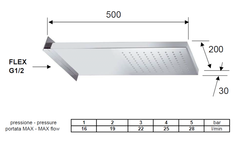 Nástěnná hlavová sprcha, 500x200mm, nerez lesk DP562