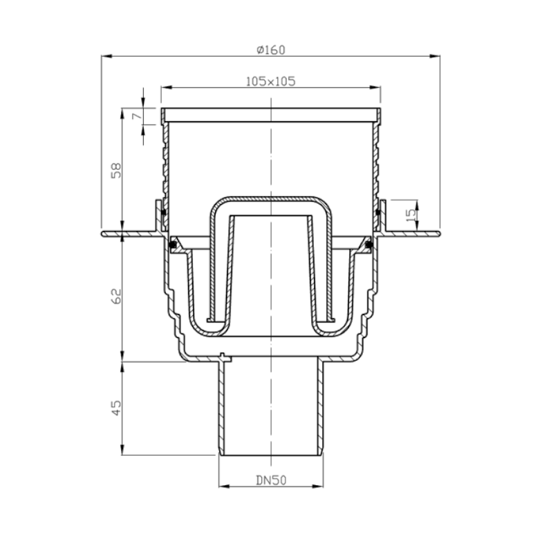 Podlahová vpust 105x105 přímá, DN50, mřížka nerez lesk 183.020.0