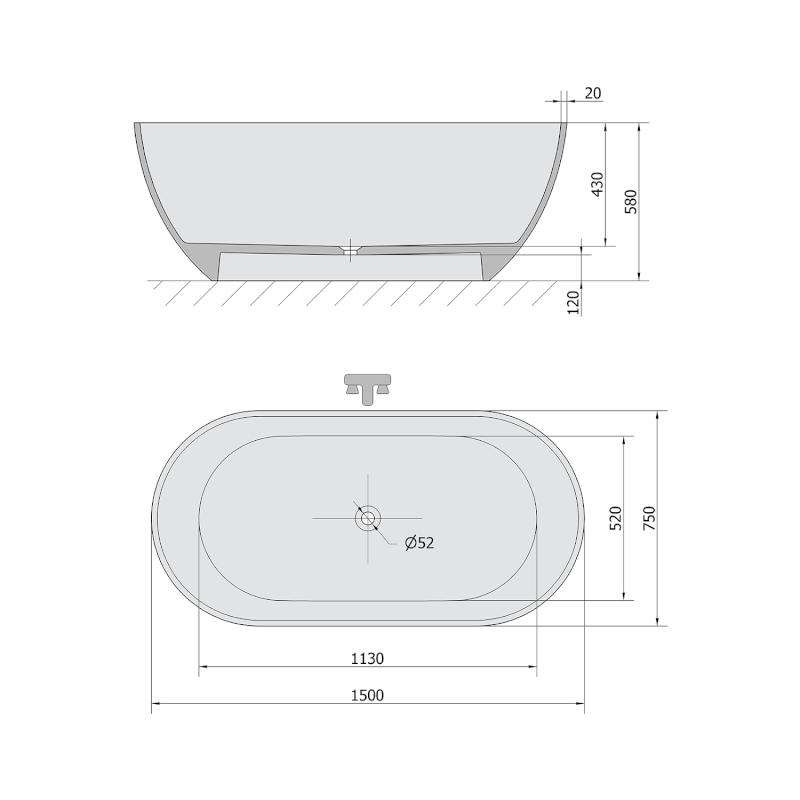 REDUTA volně stojící vana litý mramor 150x75x58cm, bílá/šedá mat 71843.32
