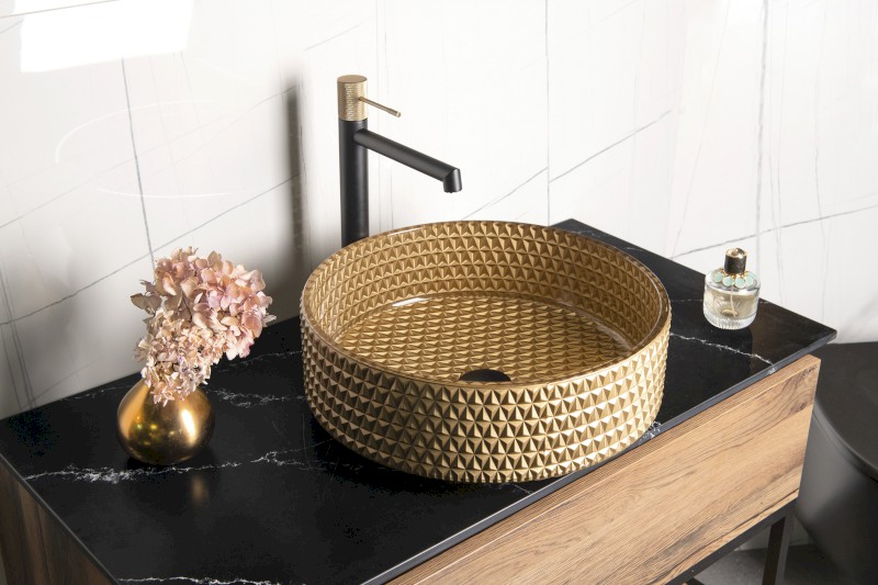 MARAGUA skleněné gravírované umyvadlo na desku Ø 39,5cm, zlatá TY214Z