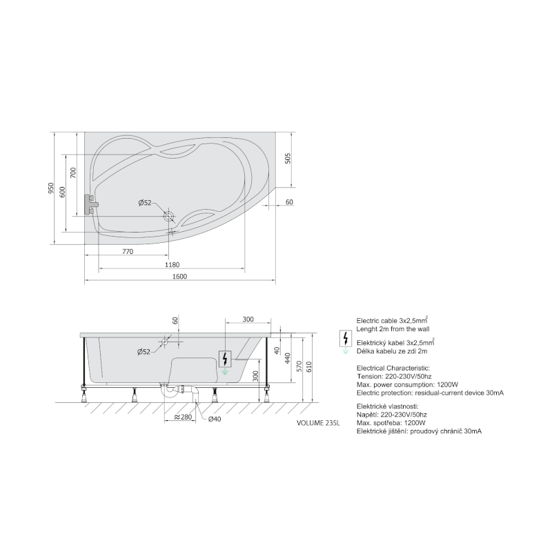 MAMBA L hydromasážní vana, 160x95x44cm, Active Hydro, chrom 27111.1010