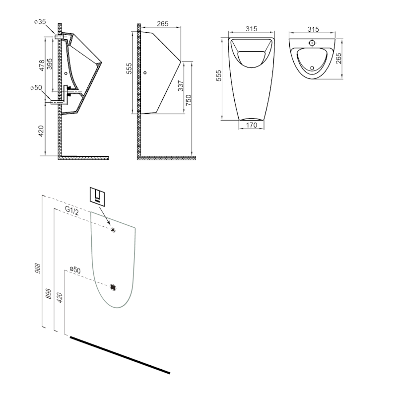 SCHWARN BLACK keramický urinál, zadní přívod, zadní odpad, černá mat 201.701.6