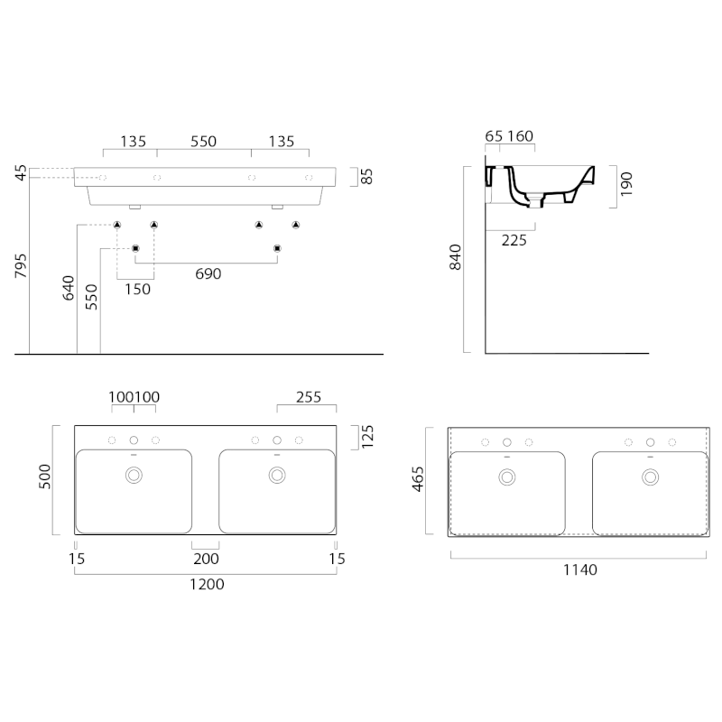 NUBES keramické dvojumyvadlo 120x50cm, bez otvoru, bílá ExtraGlaze 9625011